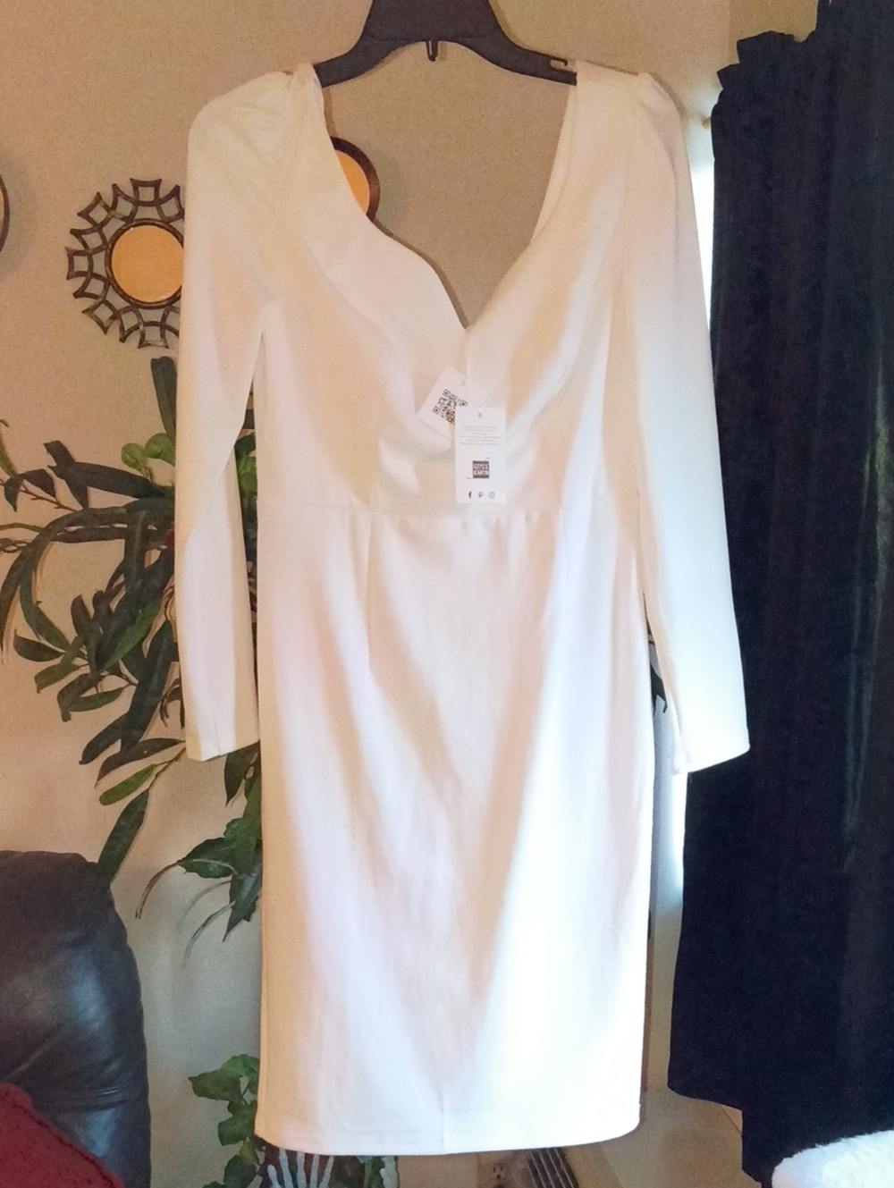 New Grace Karin Elegant White Long-Sleeve V-Neck Midi Dress Size Medium
